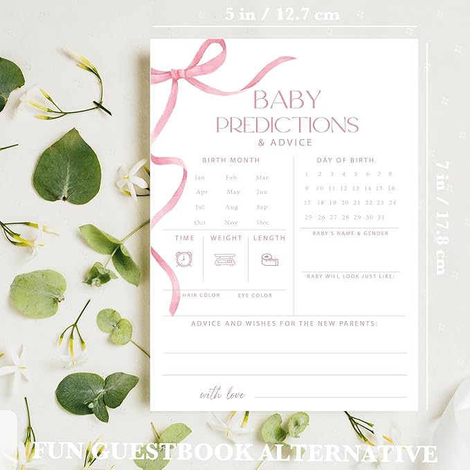 Advice For New Parents Baby Shower, Baby Predictions & Advice Cards For Baby Shower Games Activities, Wishes for Baby, 25 Double-Sided Thick Cards – Pink Bow A05