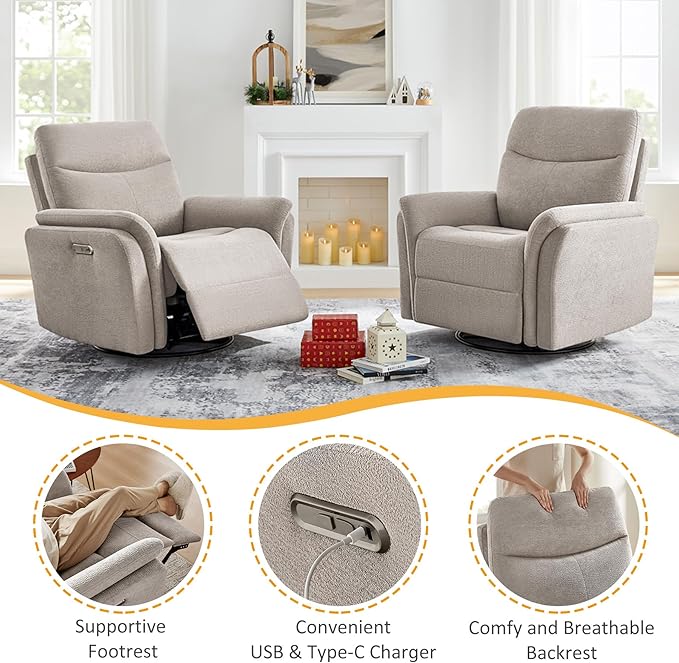 Power Recliner Chair Swivel Glider, Electric Rocking Recliner Chairs with USB and Type-C Ports, Nursery Chair Recliner for Living Room, Bedroom, Apartment(Camel)