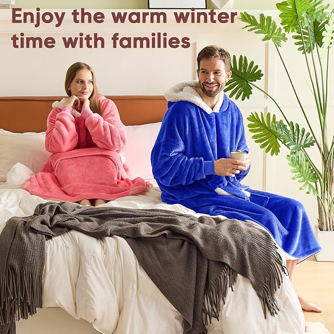 yescool Wearable Blanket Hoodie - birthday gifts for Adults/Women/mom, Flannel Cozy Sherpa Fleece Blanket Sweatshirt with Hood, Pocket & Sleeves, Large, One Size Fits All (Klein Blue)