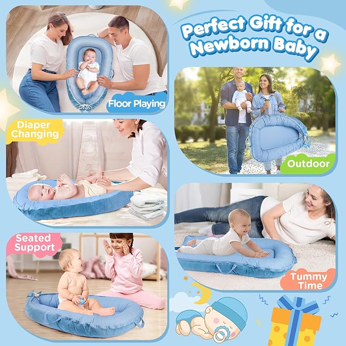 Baby Lounger - Baby Lounger for Newborn 0-24 Months, Breathable & Soft Cotton and Velvet Cover Baby Nest, Portable Cozy Infant Lounger for Home and Travel, Ideal Baby Essentials & Shower Gifts