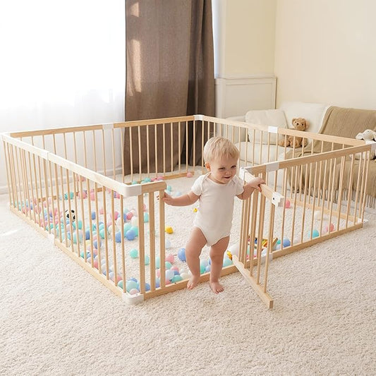 GGF Wooden Baby Playpen -63 * 47 * 24 in, Large Wood Gate Playpen for Babies and Toddlers, Baby Fence Play Yard with Door for Kids Activity Center