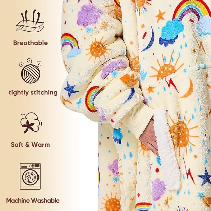 Wearable Blanket Hoodie Oversized - birthday gifts for Adults/Women/mom, Flannel Cozy Sherpa Fleece Blanket Sweatshirt with Hood, Pocket & Sleeves, One Size Fits All (Rainbow)