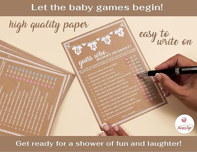 Party Hearty Baby Shower Games for Girl or Boy, 50 pcs Mommy or Daddy Guess Who Game, Fun Activity Cards, Gender Neutral, Ideas