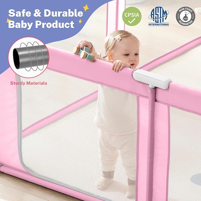Baby Playpen Portable, Pre-Assembled Play Pen 71x79 Large Foldable Playpen for Babies and Toddlers, Sturdy and Safe Toddler Play Yard Indoor Outdoor with Carry Bag, Pink