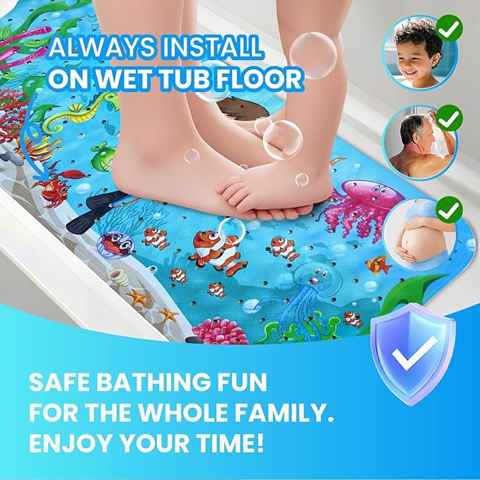 Linoows Baby Bath Tub Mat, Extra Large Non Slip Kids Cartoon Bathtub Shower Mats with Suction Cups & Drain Holes, Machine Washable for Bathroom, 40 x 16 Inch, Undersea-Diver