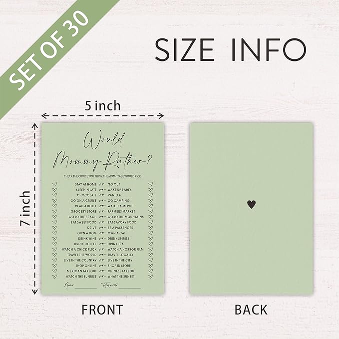 30 Pcs Minimalist Green Baby Shower Game Cards, Would Mommy Rather Game, Baby Shower Games To Play With Family And Friends, Baby Announcement, Gender Reveal Party Supplies - A06
