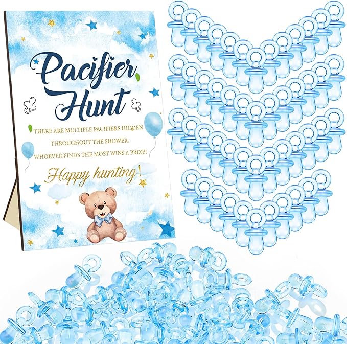 Thyle 51 Pcs Pacifier Hunt Baby Shower Games Include Hunt Sign and 50 Acrylic Pacifiers for Baby Shower Game Decoration Gift Sets Gender Reveal Party Decor(Blue Bear)