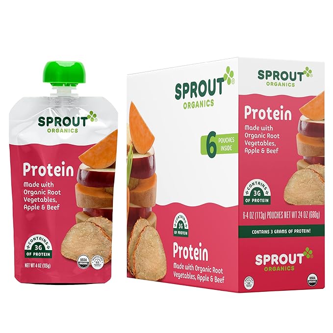 Sprout Organic Baby Food Pouches Stage 3, Organically Sourced Meat Protein, Root Vegetables Apple w/ Beef, 4 Ounce (Pack of 12)