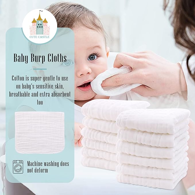 Cute Castle 24 Pack Muslin Baby Burp Cloths - Ultra-Soft 100% Cotton Baby Washcloths - Large 20'' by 10'' Super Absorbent Milk Spit Up Rags - Burpy Cloths for Unisex, Boy, Girl - White