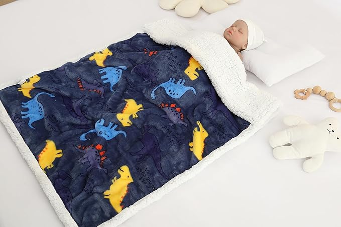 Newborn Baby Wrap Swaddle Blanket Flannel Sleeping Bag Receiving Fleece Blankets 30" x 40" Stroller Wrap for Baby (Navy Blue Dinosaur)