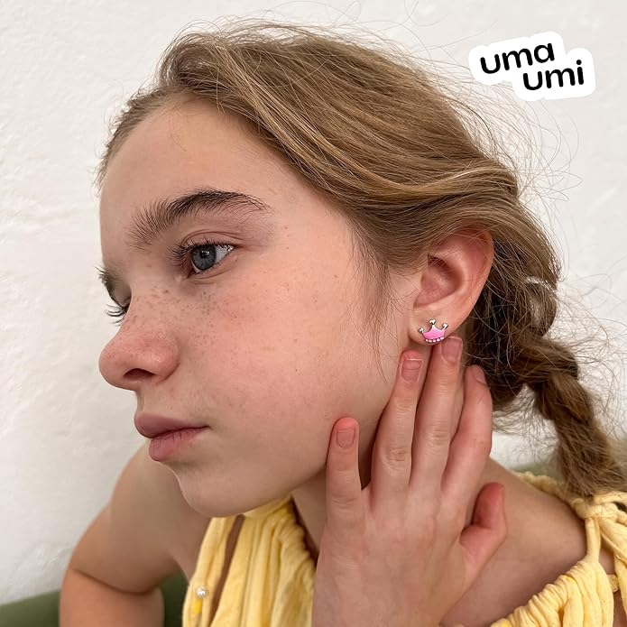 925 Sterling Silver Crown Pink Stud Earrings for Girls Hypoallergenic Safety Screw Back Rhodium Plated - Crown Pink Gifts Earrings for Baby Toddlers Little Teens Kids Jewelry