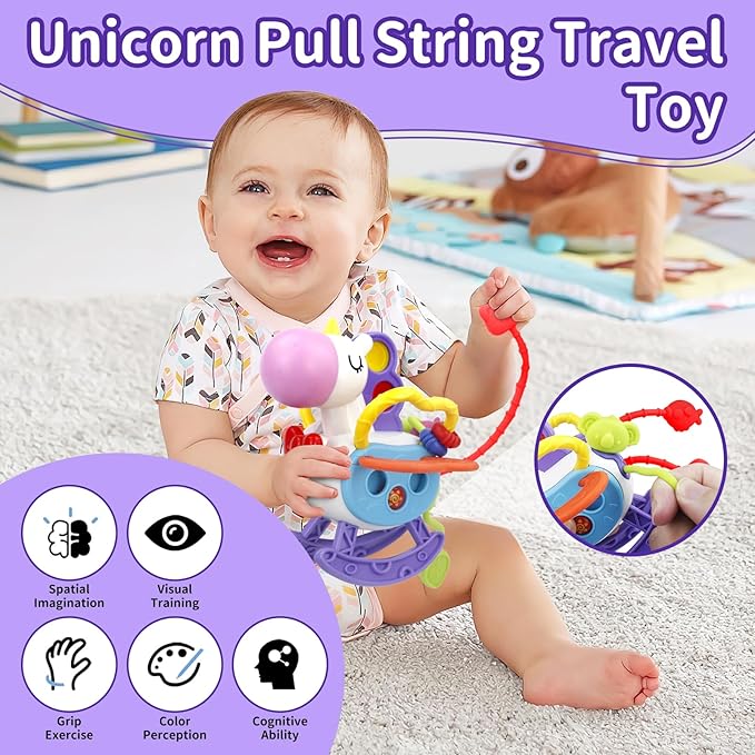 Baby Toys for 1+ Year Old, Busy Board Sensory Toys for Toddlers 1-3, Baby Toy for 12-18 Months, Pull String Teether, Stacking Blocks, 3 in 1 Travel Toy Gifts for 1 2 3 Year Old Boy Girl