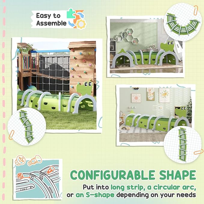 Qaba Crocodile Tunnel, Toddler Tunnel for Kids Crawl and Climb Through, Kids' Play Structure Indoor Outdoor, 6 Sections, Green