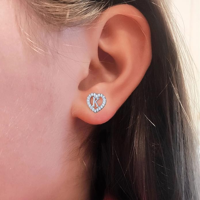 Initial Heart Earrings for Girls, Sterling Silver Post Silver/Rose Gold Heart Initial Stud Earrings for Little Girls Kids Baby Earrings Non Tarnish Hypoallergenic Earrings for Teen Girls Gifts Jewelry