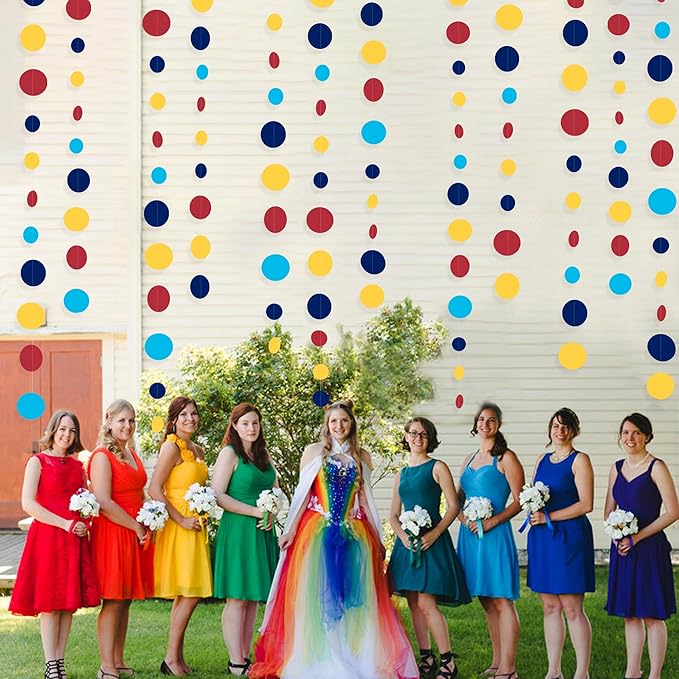 Red Blue Yellow Party Decorations Circle Dots Garland Hanging Paper Polka Dot Streamer for Carnival Circus Clown Fiesta Festivals Birthday Wedding Bridal Shower Wedding Baby Shower Party Supplies