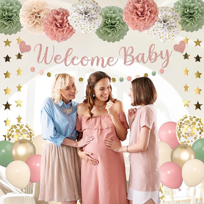 Amandir Girl Baby Shower Decorations Pink Sage Green Balloons Welcome Baby Banner, Cake Topper, Paper Lanterns, Pom Poms Flowers Tassels, Circle Dots Star Garland Gender Reveal Birthday Party Supplies