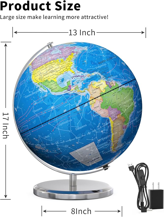 SOUNDANCE 13 Inch World Globe with Stable Heavy Metal Base, Educational Globe for Kids Learning, Large Globes Lamp with Colorful HD World Map Details, Constellation