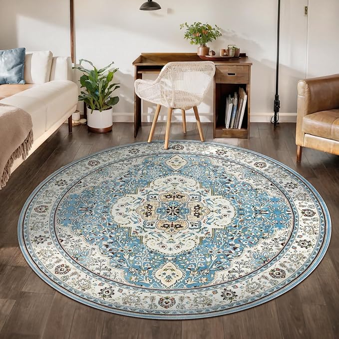 Ciicool Washable Area Rug Round 6’x6’ Boho Bedroom Rug Non-Slip Oriental Carpet Throw Rug Low-Pile Indoor Floor Carpet for Dining Room Living Room Laundry Foyer Decor (Vintage Blue)