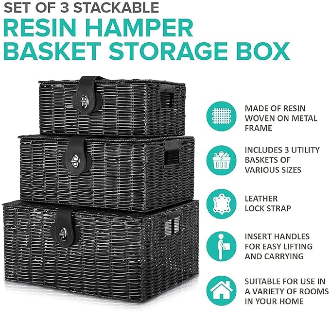 Set of 3 Woven Storage Basket Box Wicker Hamper Stackable Bin with Lid & Lock, Built-in Carry Handles, Organizer for Nursery, Baby Closet, Diaper, Toys, Home, Office, Laundry, DVD (Black)