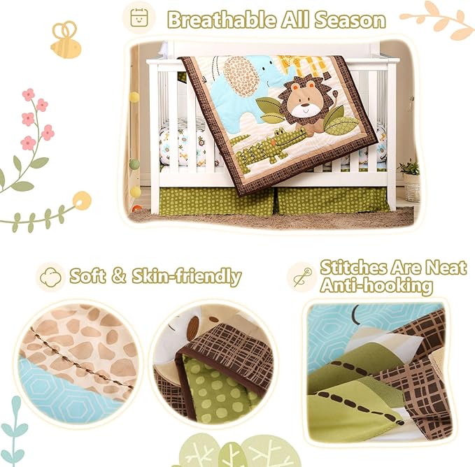 Wowelife Safari Crib Bedding Set, Mini Crib Bedding Set Boy. 3-Piece Mini Crib Comforter Set Nursery Bedding Sets for Boys Include Crib Comforter, Skirt and Sheet, Brown