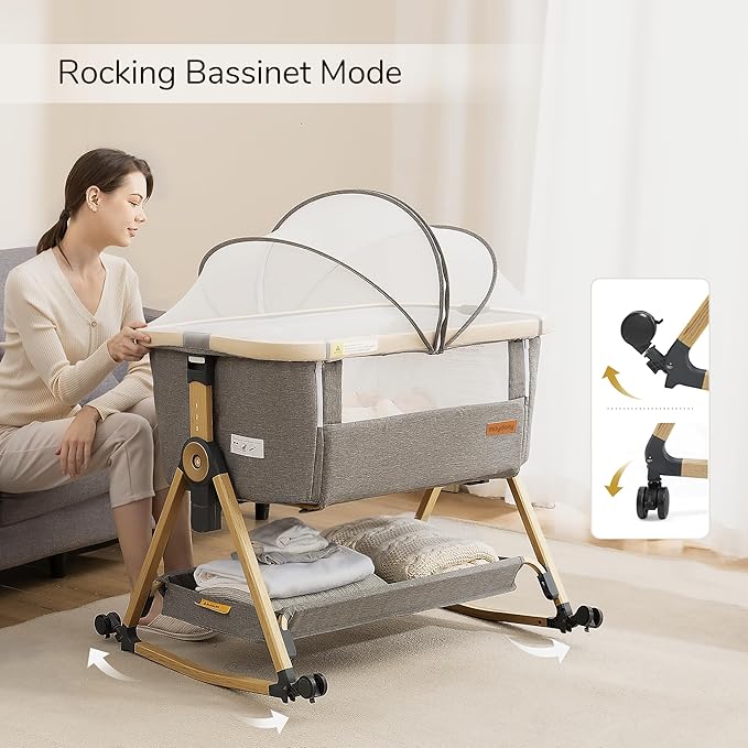 Maydolly Baby Bassinet & Bedside Sleeper, 3 in 1 Rocking Bassinet with Mattress & Sheet, Adjustable Height, Removable Breathable Cover, Easy Folding Infant Crib (Grey)