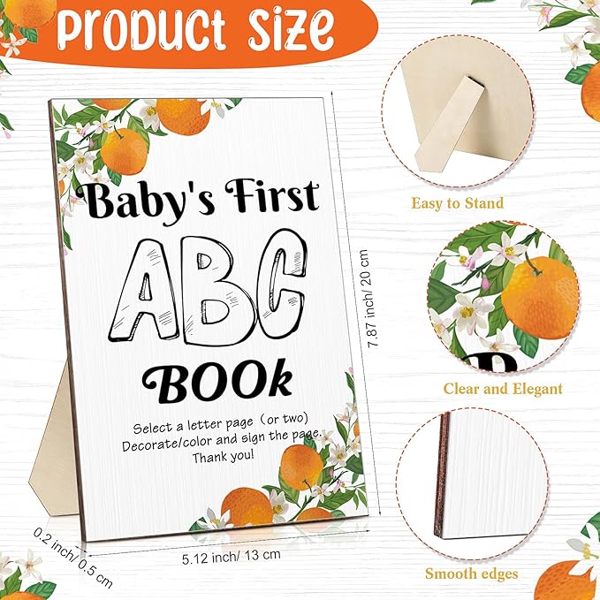 Geelin 51 Pcs Fun Baby Shower Game Activities First ABC Book Sign Coloring Game Card 26 Alphabet a to Z Coloring Card with 24 Watercolor Pen Storage Bag for Baby Shower Party(Orange Tree)