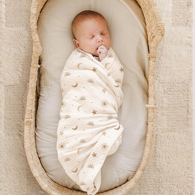 Konssy Muslin Swaddle Blankets for Girls Boys, 2 Pack Receiving Baby Blanket Large 47 x 47 inches, Soft Breathable Swaddling Wrap for Unisex Newborn (Sunbeam Yellow,Coffice)