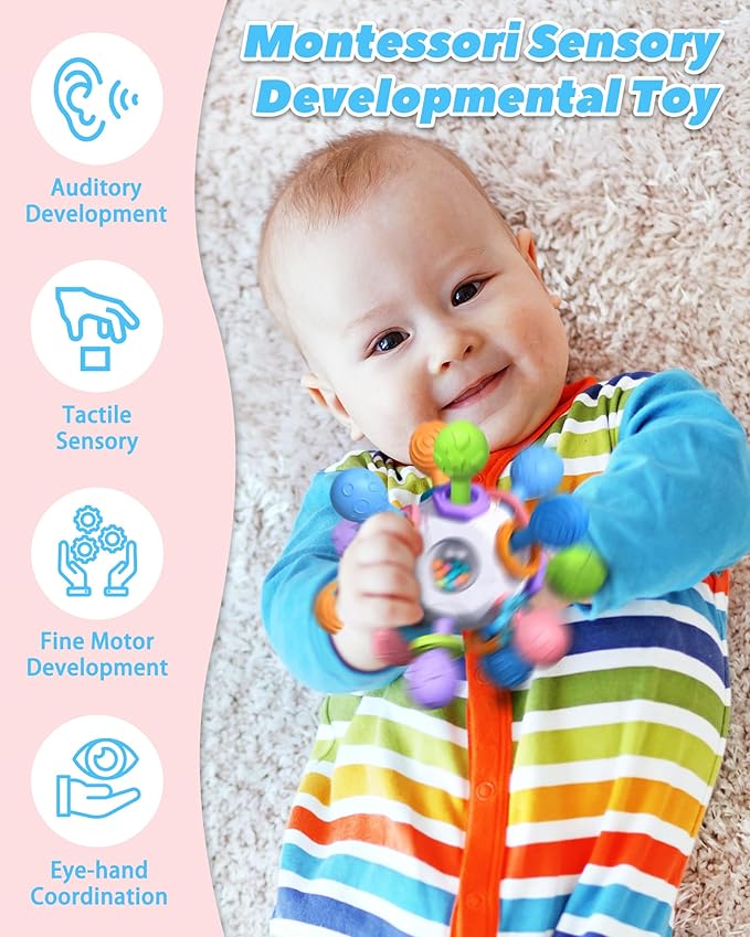 Baby Teething Toys for 0-6 6-12 Months Ages 0-2, Tummy Time Montessori Toys for Babies 0 3 6 9 12 18 Months, Newborn Infant Sensory Toys, Baby Shower Gifts for Boys Girls