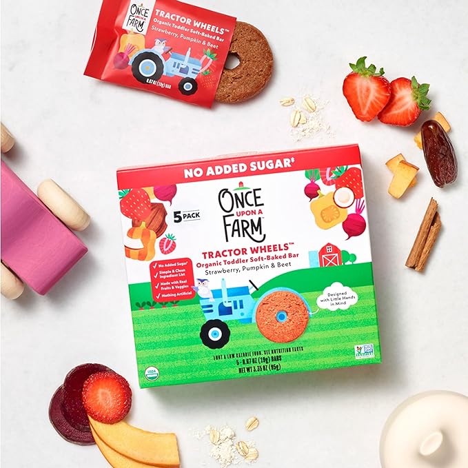 Once Upon A Farm Strawberry, Pumpkin & Beet Soft Baked Bar Snack, for Toddler, Tractor Wheels, No Added Sugar, Non GMO, 3.35 Ounces (Pack Of 8)