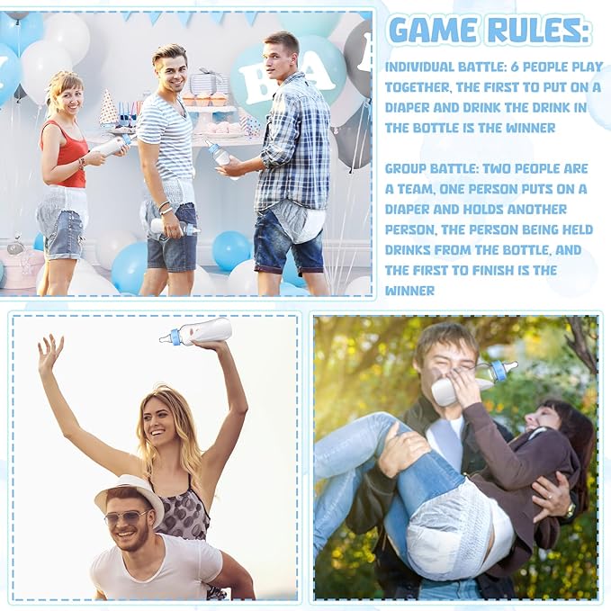 Hushee 6 Sets Funny Plastic Bottle Chug Baby Shower Games Diaper Baby Shower Game Gender Reveal Race Gifts Decoration for Adults Boys Girls (Blue)