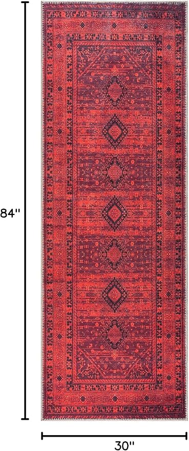 Bloom Rugs Washable Non-Slip 7 ft Runner - Red Traditional Bordered Runner for Entryway, Hallway, Bathroom, and Kitchen - Exact Size: 2.5' x 7'
