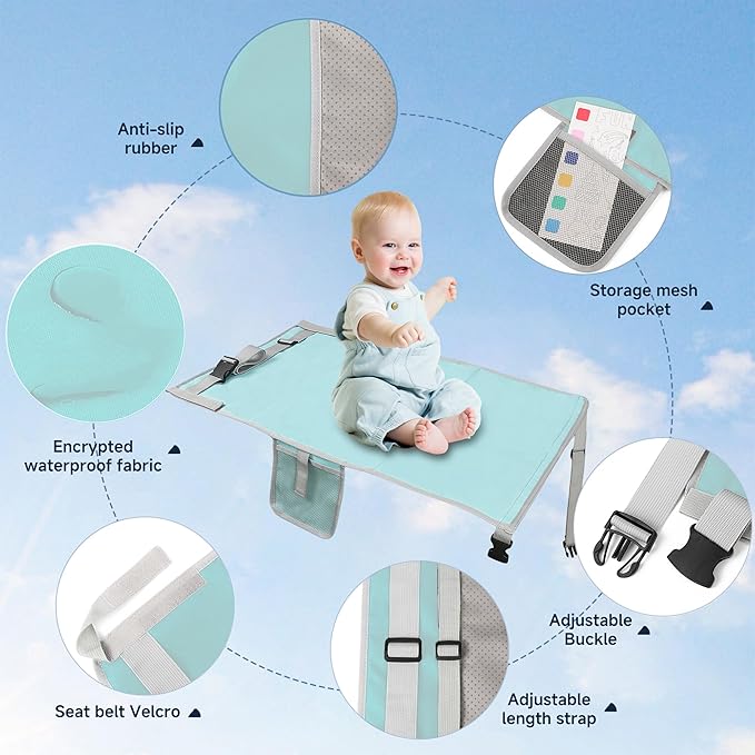 Toddler Airplane Bed, Portable Airplane Seat Extender for Kids, Durable Oxford Cloth – Waterproof and Easy to Clean, Flight Accessories for Toddlers Aged 1–4, Carry-On Compatible, Green