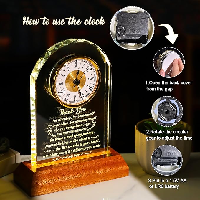 Thank You Gifts for Women Men, Appreciation Clock Gift for Coworkers Friends Teachers with Wooden Light Base, Inspirational Presents for Family Office Desk Clock Decor