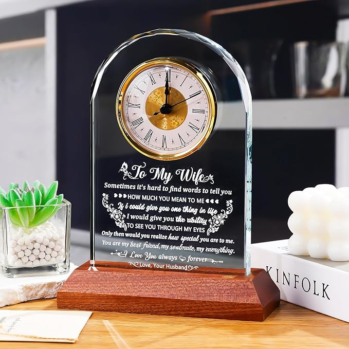 Glass Clock Gifts for Wife from Husband with Wooden Light Base, Personalized Gift for Wife Who Has Everything on Birthday Valentine's Day, Presents for Her on Christmas Home Desk Clock