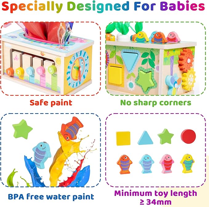 Montessori Baby Wooden Tissue Box Christmas Toy 6-in-1 Sensory Tissue Box Toy for Babies 6-12 Months Developmental Toys for Babies, Christmas Gift for 6-12 Months