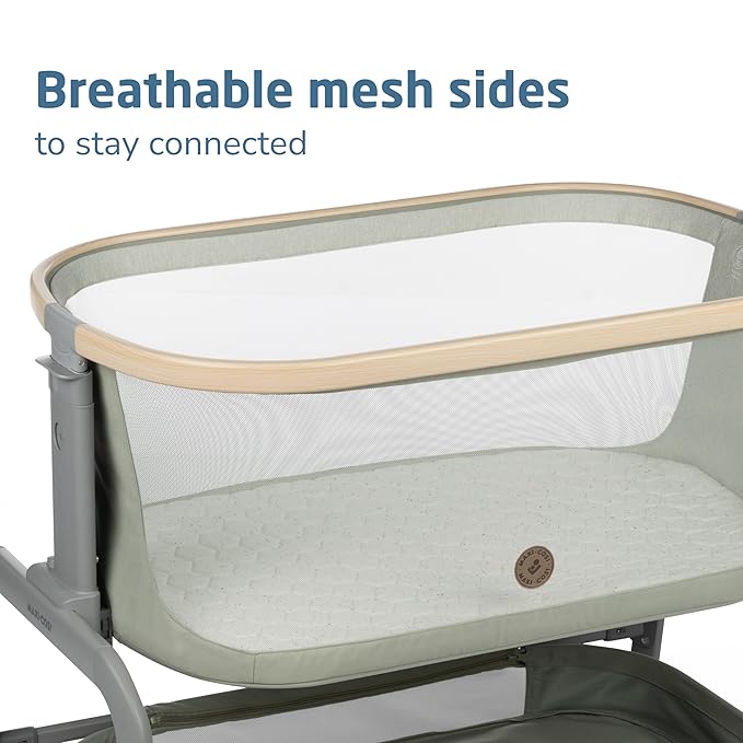 Maxi-Cosi Iora Baby Bassinets Bedside Sleeper, Portable Bassinet, Infant Bedside Sleeper Crib, Height Adjustable, Breathable Mesh, Large Storage Basket, Classic Green