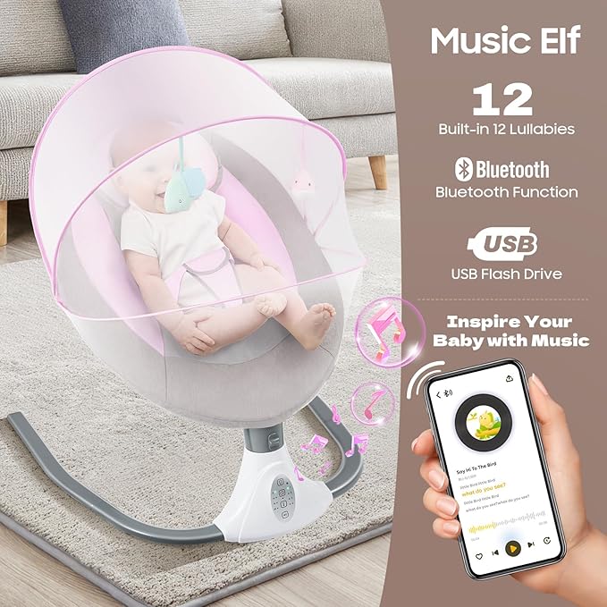 Electric Baby Swings for Infants, Pink Baby Swing with Remote Control, 5 Sway Speeds, Built-in 12 Lullabies, Compact Automatic Toddler Rocker for 0-18 Months & Max39Lbs