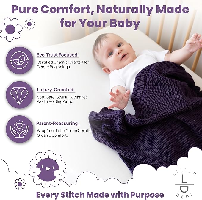 100% Organic Cotton Baby Knitted Blanket with Gift Box - Soft Toddler, Crib, Stroller Blanket - Neutral Swaddle and Receiving Blanket for Newborns, 30"x40", Sweet Grape