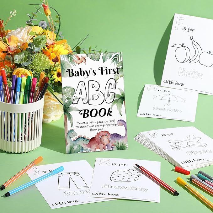 Geelin 51 Pcs Fun Baby Shower Game Activities First ABC Book Sign Coloring Game Card 26 Alphabet a to Z Coloring Card with 24 Watercolor Pen Storage Bag for Baby Shower Party(Dinosaur)