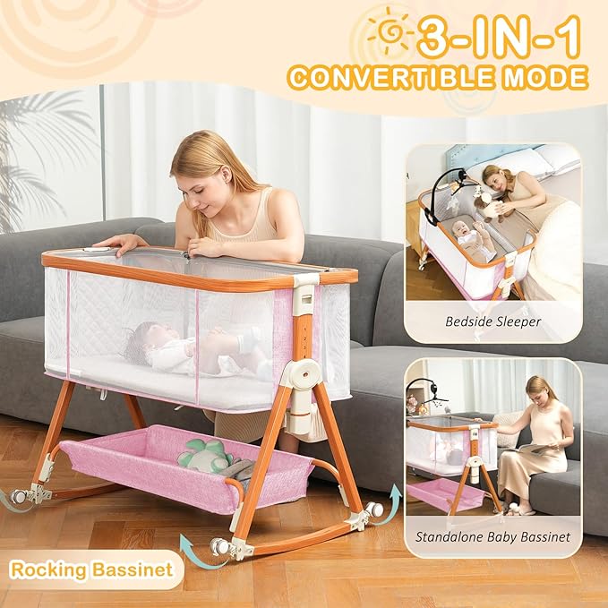 3 in 1 Bassinet,Baby Bassinets Bedside Sleeper with Musical Toy,Adjustable Height Bedside Bassinet for Baby with Wheels and Storage Basket,4-Sided Mesh Bedside Crib for Newborn 0-6 Months (Pink)