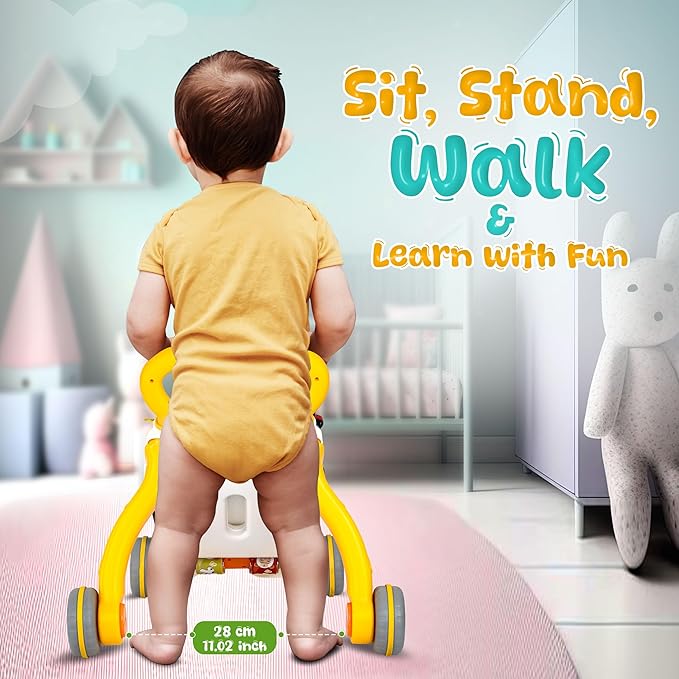 YOLAY Baby Walker Push with Wheels, Sit-to-Stand Walker for Baby Boy and Girl 6-12 Months with Detachable Play Panel, Stable Handle, Early Learning Activity for Kids - Yellow