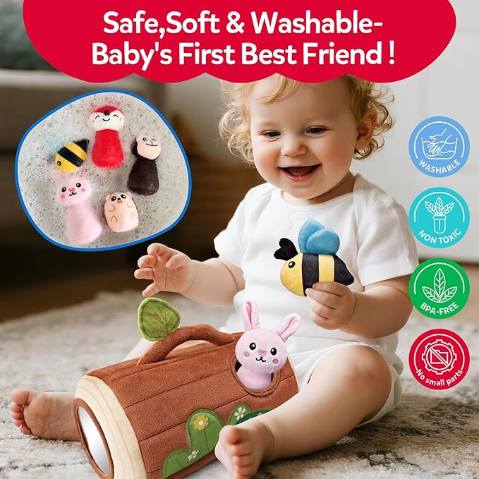 Baby Toys 6-12 Months - Soft Stumps with Jungle Animals Friends,Rattle,Crinkle Paper,Squeaker,Mirror - Sensory Montessori Toys for 6 Month Old Babies,1-3 Year Old Boy Girl Gifts