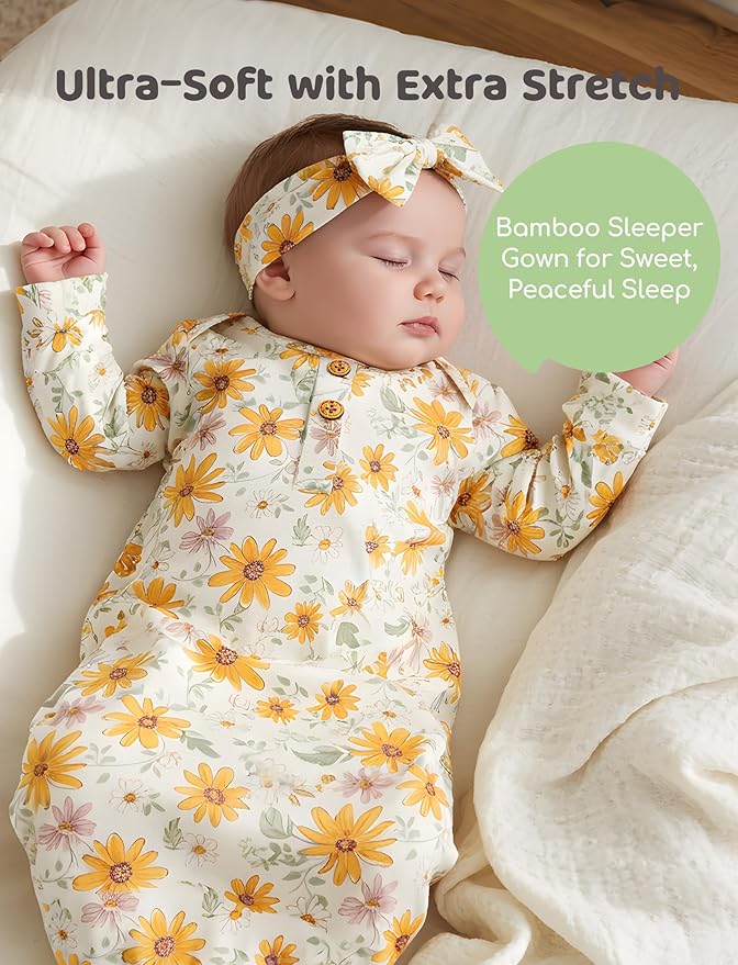 PATPAT Baby Sleeper Gown with Bamboo Viscose for Newborn Girls Boys, Knotted Nightgown with Mittens for Infant Home Coming