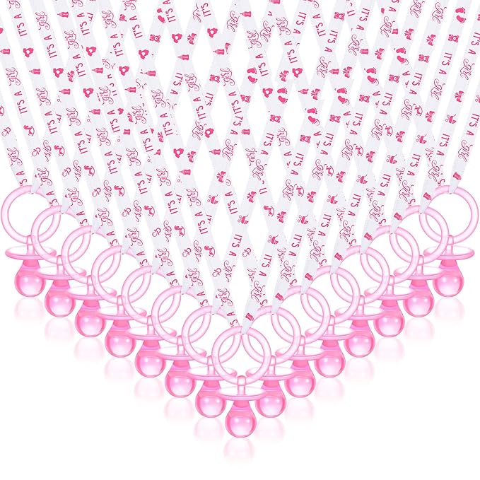 Chengu 100 Pcs Baby Shower Pacifiers Necklace, Acrylic Pacifiers Necklace Charm for Gender Reveal Party Decorations(Pink)
