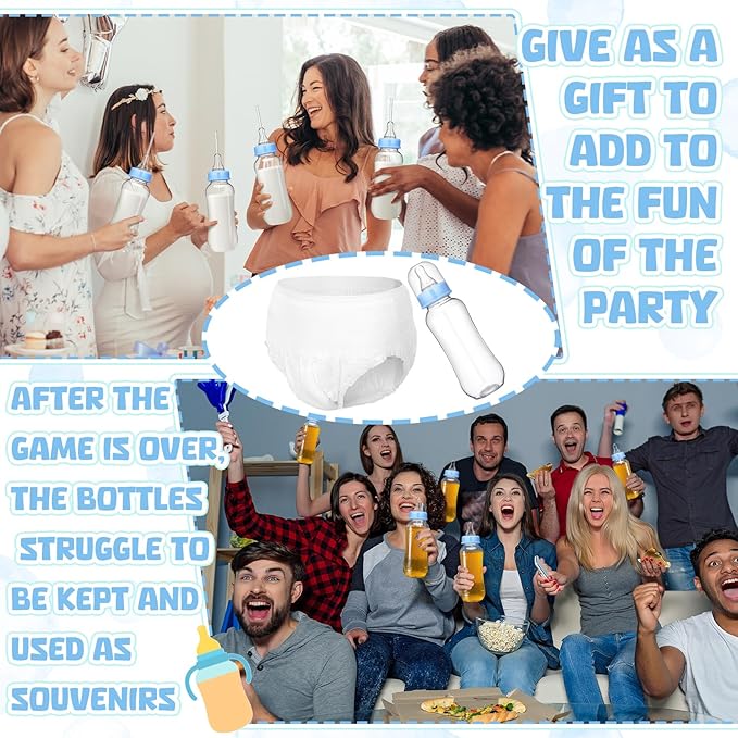 Hushee 12 Sets Funny Plastic Bottle Chug Baby Shower Games Diaper Baby Shower Game Gender Reveal Race Gifts Decoration for Adults Boys Girls (Blue)