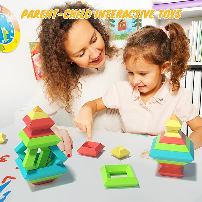 Montessori Toys for Ages 3 4 5 6 Toddlers Kids Baby,Pyramid Stacking Building Toys,3D Preschool Learning Blocks for Kids,STEM Sensory Toy Gifts for 2-4 Year Old Boy Girl,Plastic Storage Bag Set