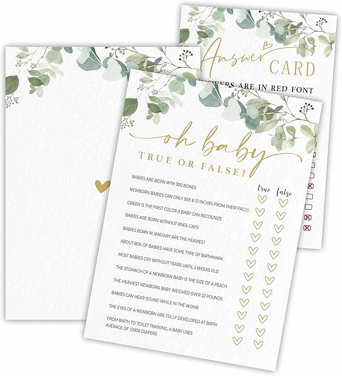 Oh Baby, True Or False Baby Shower Game Cards - Golden Greenery - 30 Double-Sided Fill In Style Game Cards With Answer Card, Gender Reveal, Baby Announcement, Party Games & Activity - D11