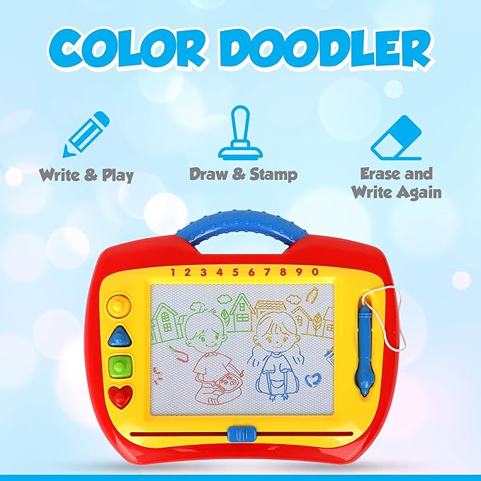 Playkidz Magnetic Drawing Board Toy for Kids, Large Color Doodle Board Writing Painting Sketch Pad, Write and Play, Draw and Stamp, Erase and Write Again, Ages 3+. (1 Pack)