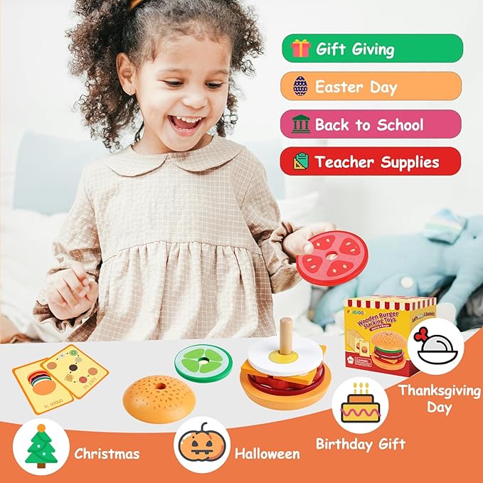 Wooden Burger Toys Montessori Toys for Toddlers Preschool Education Activity Board Game Early-Education Matching Speed Race Pretend Toy Food Back to School (Burger)