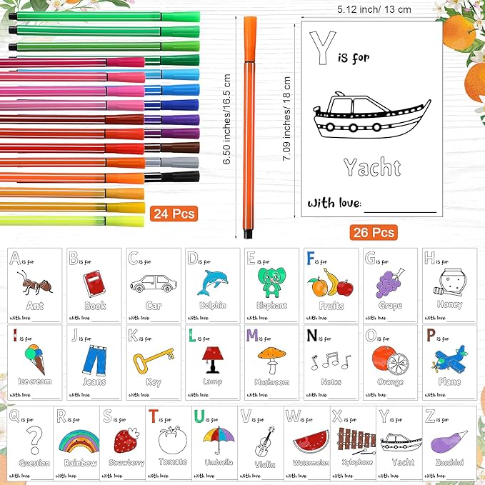 Geelin 51 Pcs Fun Baby Shower Game Activities First ABC Book Sign Coloring Game Card 26 Alphabet a to Z Coloring Card with 24 Watercolor Pen Storage Bag for Baby Shower Party(Orange Tree)